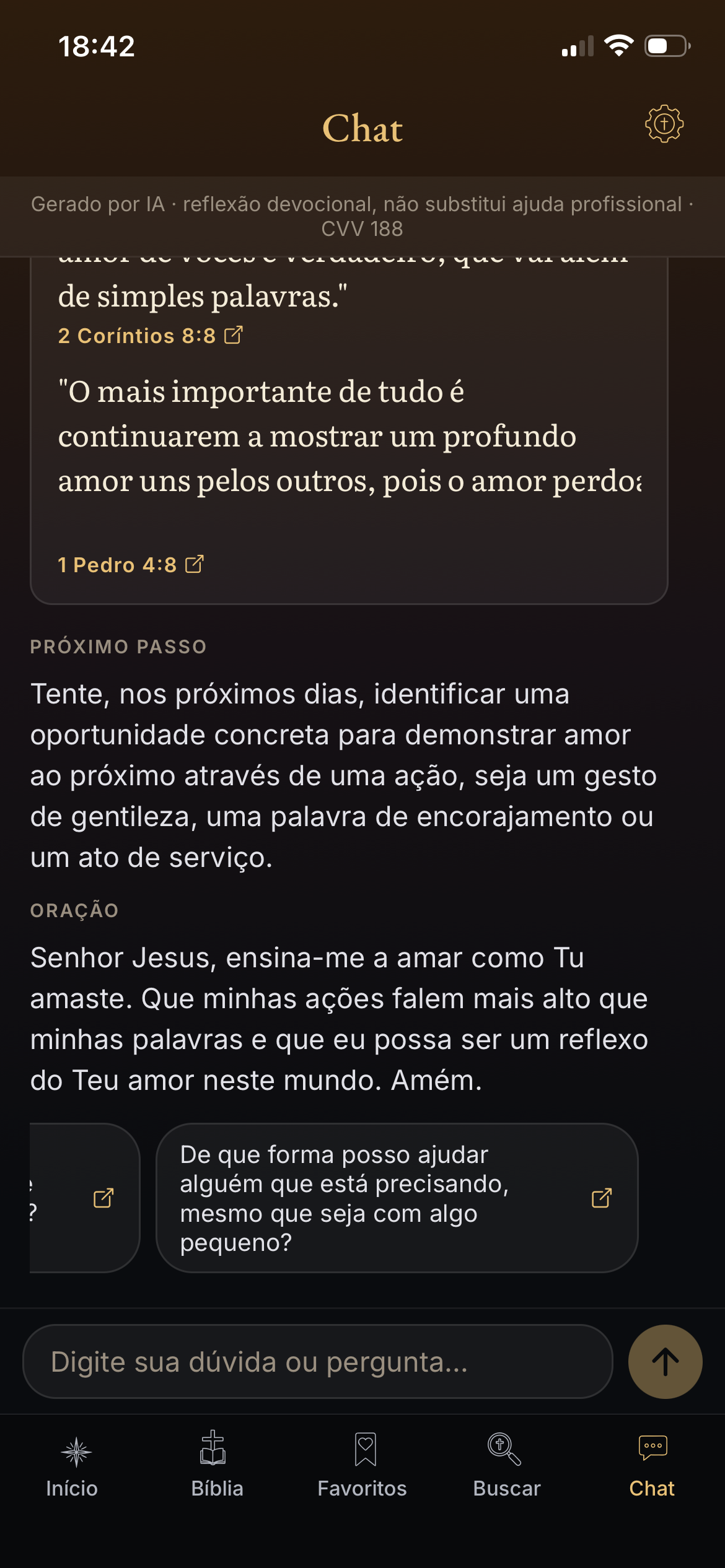 Tela do Chat com a Palavra com versículos, próximo passo e oração