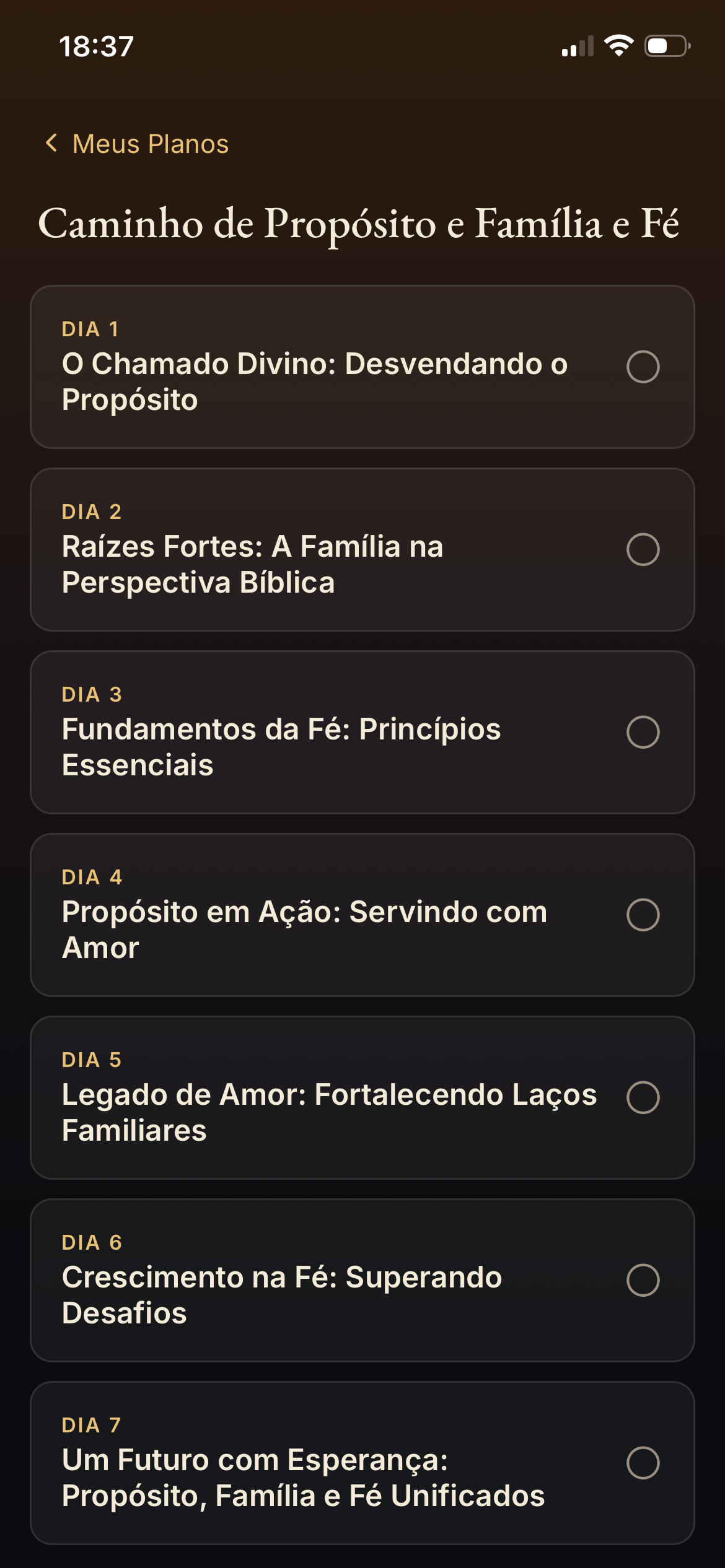 Tela de plano de leitura com os dias e temas